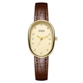 Women's vintage oval gold quartz watch with champagne dial and brown leather strap - Gold Case Gold Dial Brown Strap