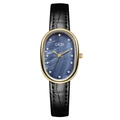 GEDI Women's Watch with Gold Oval Case and Blue Mother of Pearl Dial on Black Leather Strap - Gold Case Blue Dial Black Strap