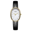 GEDI luxury women's quartz watch with gold oval shell dial and black crocodile leather strap - Gold Case White Dial Black Strap