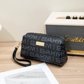 Black leather clutch bag with blue letter print and gold hardware wrist strap - Blue Black