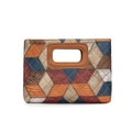 Retro geometric patchwork handbag featuring brown, blue, and burgundy leather textures - Color Block