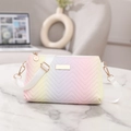Detailed close-up of rainbow gradient V-quilted small square bag with golden hardware - Gradient Purple