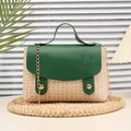 Green leather and straw woven crossbody bag with gold chain strap for women - Green