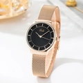 Elegant rose gold mesh strap watch for women with minimalist black dial by Gedi - Black Dial Rose Gold Band