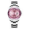 Luminous business watch with pink dial, silver steel strap and date magnifier - Silver Strap Pink Dial