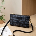 Dames crossbodytas van zwart lychee leer met blauw SAKM patroon en gouden rits - Blauw Zwart
