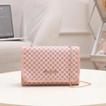 Pink flap chain crossbody bag featuring classic brown clover print and golden logo - Pink