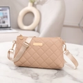 Elegant beige quilted crossbody bag with golden hardware and wide fabric shoulder strap - Khaki