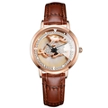 Women's rose gold quartz watch with crystal deer dial and brown leather strap - Coffee