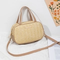 Light yellow woven straw messenger bag with khaki leather trim and gold logo detail - Yellow