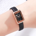 Damen-Quarzuhr, rechteckig, Roségold-Gehäuse mit schmalem schwarzen Lederarmband - Roségold Gehäuse Schwarzes Zifferblatt Schwarzes Armband