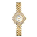 Luxury gold flower quartz watch for women with rhinestone encrusted dial and metal link bracelet - Gold Band Gold Case White Dial