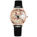 Women's quartz watch with black leather strap and rose gold diamond-set deer dial - Black