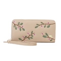 Long beige floral embroidered wallet with cherry blossoms and bird pattern detail - Apricot