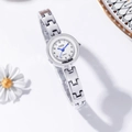 GEDI minimalist silver chain watch for women featuring a white dial and blue needles - Silver Case White Dial Black Zirconia