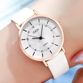 Women's quartz watch featuring rose gold case and white leather strap on wrist - Rose Gold Case White Dial White Strap