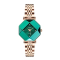 Women's rose gold quartz watch with faceted emerald green dial and diamond markers - Green Dial Solid Steel Strap