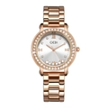Macro view of rose gold watch dial with Roman numerals and sparkling crystal bezel - Rose Gold Band Silver Dial