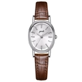 Gedi minimalist women's quartz watch with silver oval case and brown leather strap - Silver Case White Dial Brown Strap