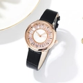Women's rose gold watch with sparkling crystal dial and black crocodile-embossed leather strap - Black
