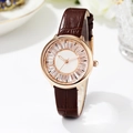 Women's quartz watch with rose gold case, starry white dial, and brown leather strap - Brown