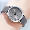 Women's minimalist quartz watch with grey leather strap and polished silver metal case - Silver Case Grey Dial Grey Strap