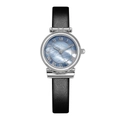 Montre femme avec cadran nacre bleue et bracelet en cuir noir sur boîtier argenté - Boîtier en Argent Cadran en Nacre Noir/Bleu Bracelet en Cuir Noir