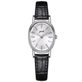 Elegant women's oval quartz watch with white sunray dial and black leather strap - Silver Case White Dial Black Strap