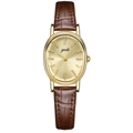 Elegant gold oval quartz watch with a brown crocodile texture leather strap for women - Gold Case Gold Dial Coffee Strap
