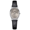 Oval silver watch with light champagne dial and black crocodile-embossed leather strap - Silver Case Gray Dial Black Strap