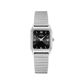 GEDI square silver watch with black dial, Roman numerals, and elastic metal strap - Silver Case Black Face Silver Band