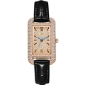 Orologio donna rettangolare oro rosa con cinturino in pelle nera e quadrante con cristalli - Nero