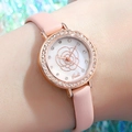 Women's rose gold watch with crystal bezel, floral dial and pink leather strap - Rose Gold Case White Dial Pink Strap