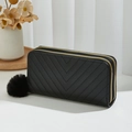 Black quilted double zipper long clutch purse for women with a plush pompom keychain - Black