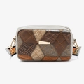 Trendy patchwork crossbody camera bag with grey grid pattern and striped wide strap - Gray