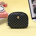 Black semi-circle coin purse with grey clover print and gold flower metal clasp - Black