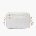 White quilted crossbody bag with golden hardware and front zipper detail for women - White