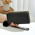 Black long double zipper wallet for women with V-quilt pattern and furry charm - Black
