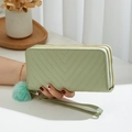 Pale green long double zipper wallet with V-shaped quilting and plush ball charm decoration - Green