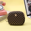Brown floral printed leather clutch bag with golden flower accent and key ring hook - Coffee