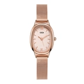 Detailed close-up of rose gold oval quartz watch with elegant Milanese mesh steel strap - Rose Gold / Rose Gold Dial