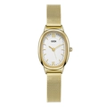 Detail of elegant gold Milanese mesh strap and oval white dial quartz watch for women - Gold Strap White Dial