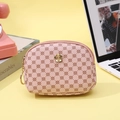 Pink semi-circle coin purse with lychee grain clover pattern and gold floral clasp - Pink