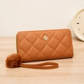 Brown quilted leather wallet for women with golden flower logo and plush pompom charm - Brown
