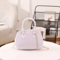 Lavender bubble textured shell bag with dual handles and gold chain strap in PVC - White