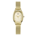 Detailed macro of an oval gold dial with roman numerals and Milanese mesh watch strap - Gold Band Gold Dial