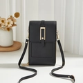 Minimalist black PU leather phone bag with gold clasp and dual zipper layers - Black