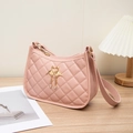 Pink quilted shoulder bag with golden swan clasp and rhinestone tassels for women - Pink