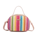 Colorful woven straw handbag with rainbow stripes and pink top handle crossbody strap - Style 1