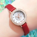 Women's quartz watch with red leather strap and rose gold diamond-encrusted bezel - Rose Gold Case White Dial Red Strap